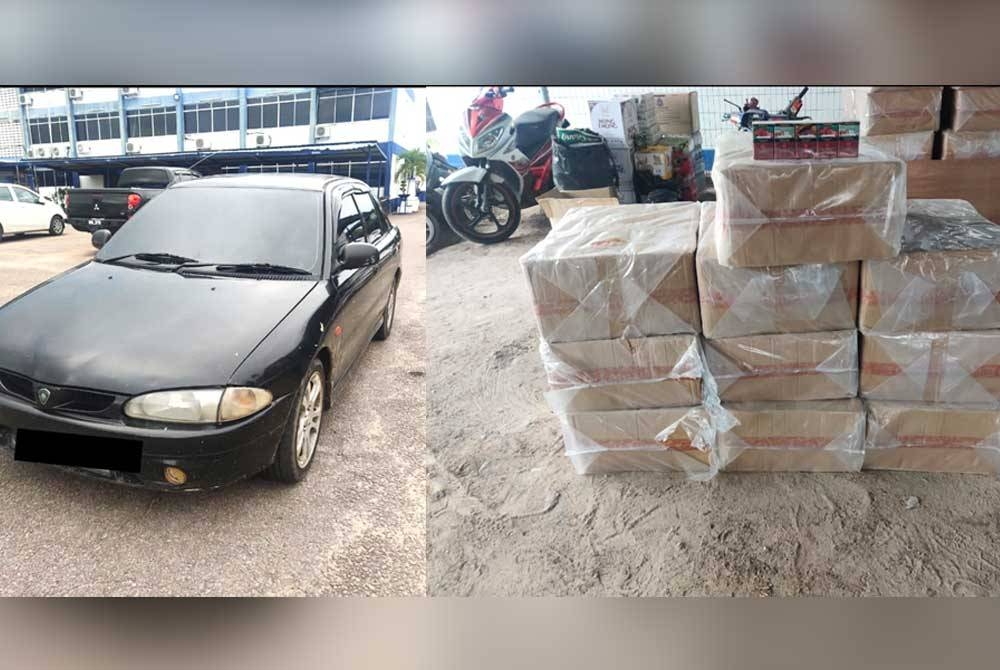 Kereta Proton Wira turut dirampas untuk siasatan lanjut. Kotak-kotak berisi rokok seludup yang dirampas polis.