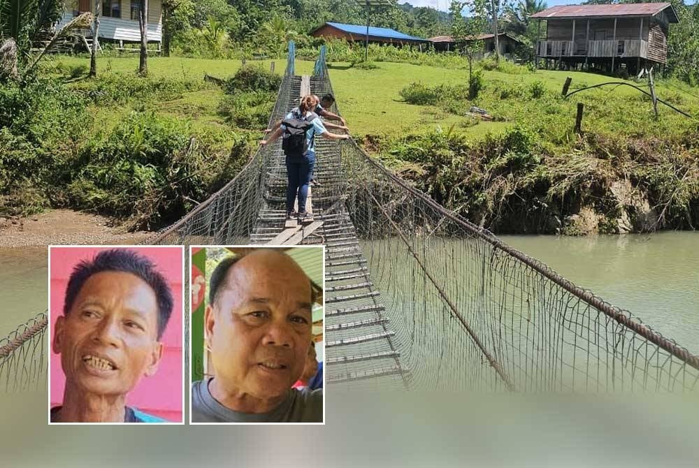 Jambatan gantung yang turut digunakan oleh murid-murid untuk ke SK Saliliran pada setiap hari. (Gambar kecil dari kiri: Rainis, Sangut)