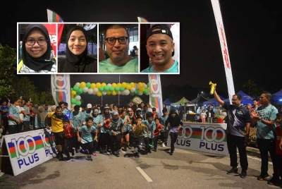 Pelepasan peserta di garisan permulaan larian sejauh tiga kilometer ketika Elmina Night Run pada Sabtu. Gambar kecil dari kiri: Rosiyati, Istisyad Fatimah Azzahra, Ahmad Zahir, Rosli