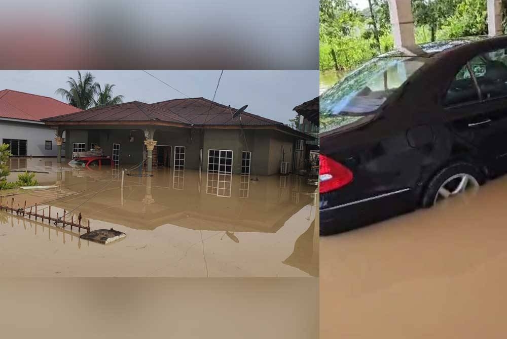 Beberapa rumah penduduk di Kampung Bangi Lama di sini dinaiki air pada Ahad. Kereta Mercedes-Benz milik bapa Faiz Syuraihan diletakkan di luar rumah turut tenggelam berikutan banjir pada Ahad (kanan).