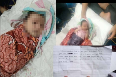 Bayi yang ditemui cukup sifat di bahagian tempat mengambil wuduk dan nota yang ditemui bersama bayi yang ditinggalkan di sebuah masjid di Taman Seri Gaya, Jalan Maktab Gaya, Luyang Kota Kinabalu.