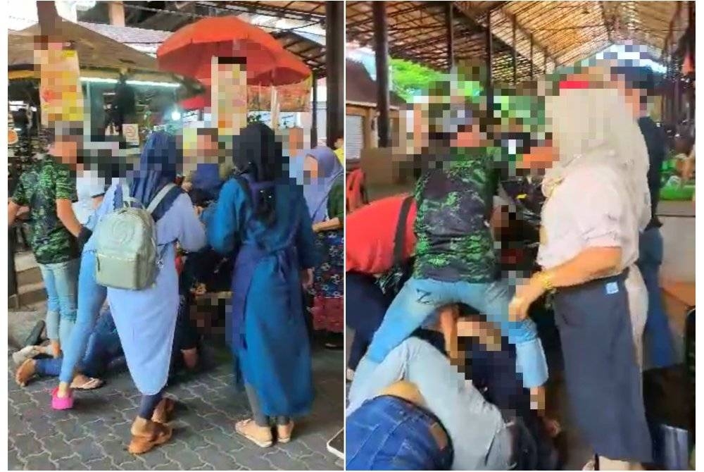 Gambar tangkap layar yang menunjukkan beberapa orang lelaki dan wanita dipercayai bergaduh kerana berebut pelanggan di kawasan gerai makan laman
Pasar Siti Khadijah, Kota Bharu pada Isnin.