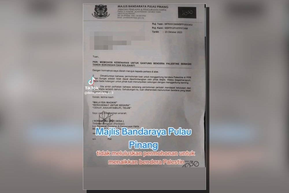 Surat yang tular yang mendakwa MBPP tidak memberi kelulusan pemasangan bendera Palestin di sebuah flat.