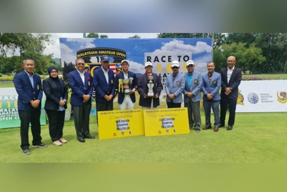 Imbas kembali.... Lima dari kiri, Anson dan Jin Xuan (lima dari kanan) juara kategori lelaki serta wanita Kejohanan Golf Amatur Terbuka Perak 2022