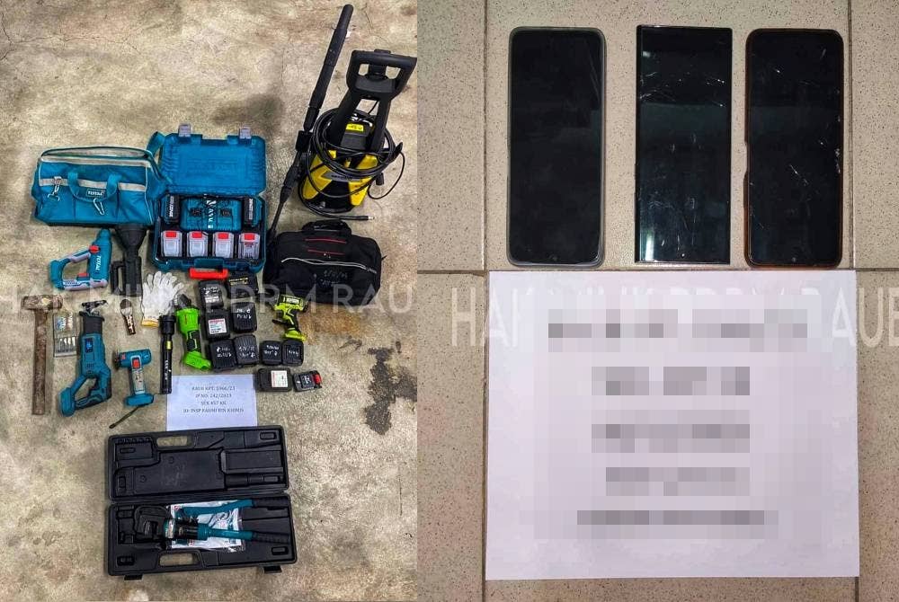 Antara peralatan yang dirampas daripada suspek yang ditahan selepas disyaki memecah masuk rumah sarang burung walit di Kampung Sempam Baru, Raub pada Khamis. - Foto ihsan PDRM