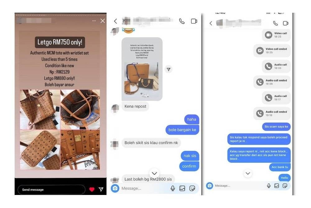 Mesej Rina bersama peniaga berkenaan berhubung urusan pembelian beg 'preloved' yang dijual secara dalam talian.