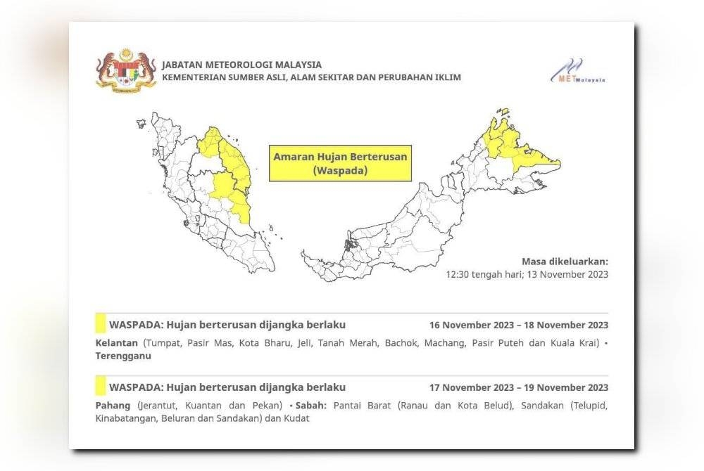 Amaran hujan berterusan pada tahap waspada yang dikeluarkan MetMalaysia pada Isnin.