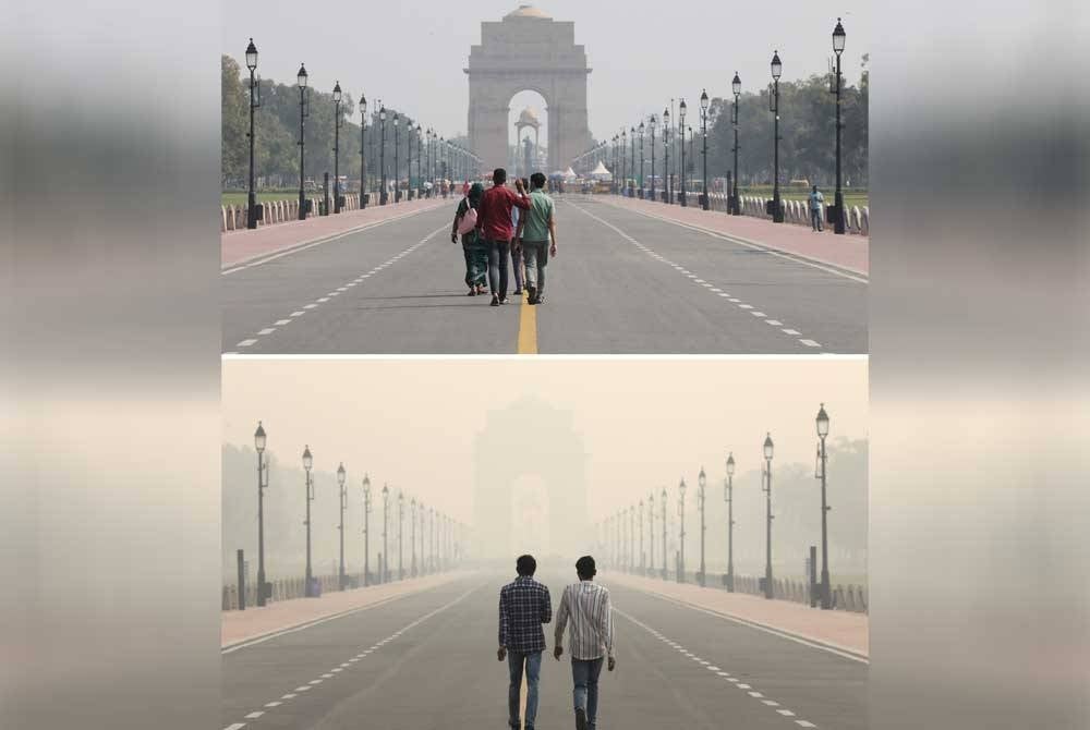 Lokasi yang sama pada dua hari berbeza, mempunyai tahap AQI yang berbeza dengan kategori yang dibenarkan (atas) dan dalam kategori berbahaya (bawah). - Foto EPA