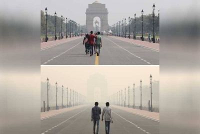 Lokasi yang sama pada dua hari berbeza, mempunyai tahap AQI yang berbeza dengan kategori yang dibenarkan (atas) dan dalam kategori berbahaya (bawah). - Foto EPA