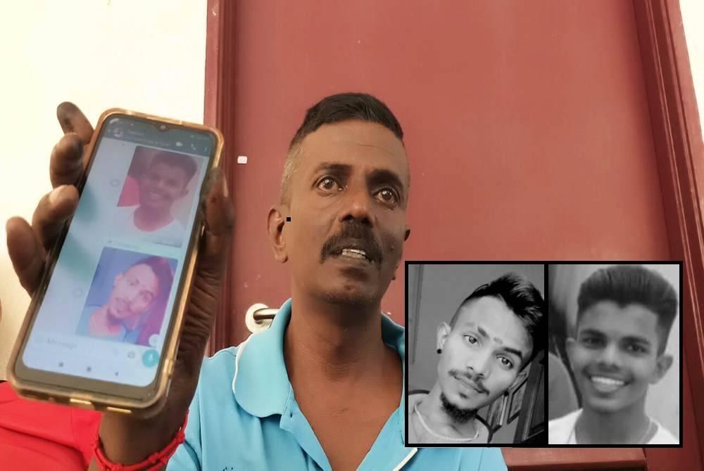 Manimaran menunjukkan gambar dua anak lelakinya, Krishna dan Pavilesh (gambar kecil) yang terkorban dalam nahas membabitkan sebuah kereta dan lori sampah di Kawasan Perindustrian Bercham pada Isnin.