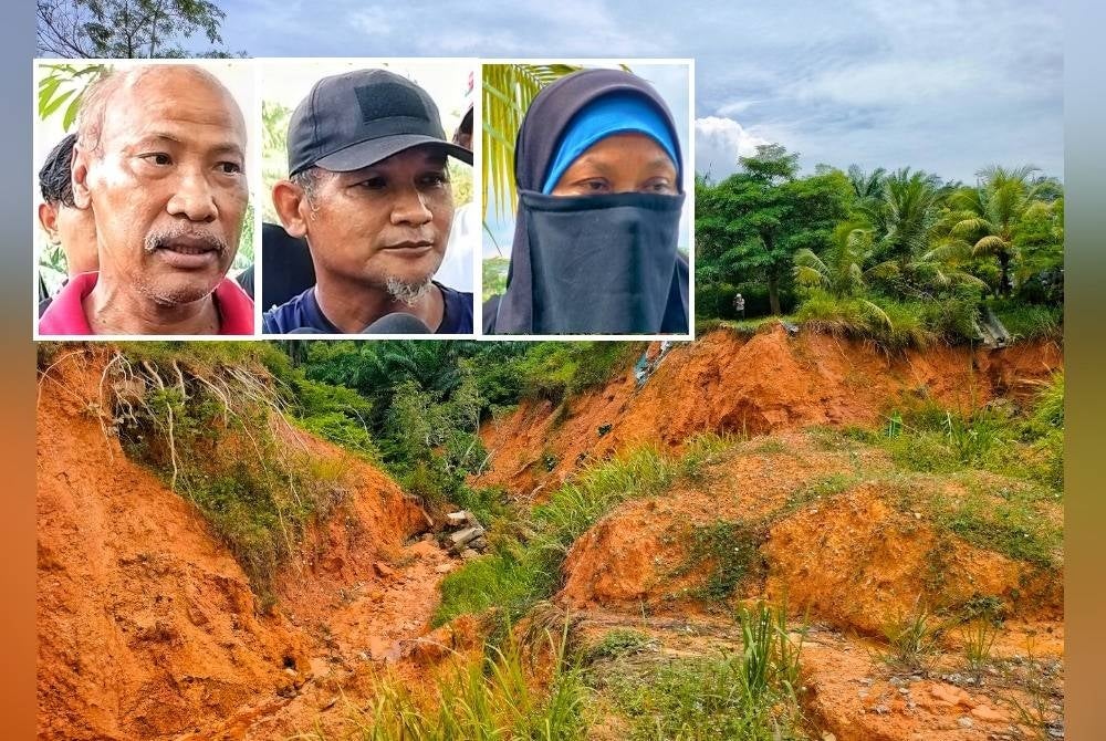 Keadaaan runtuhan tanah di Taman Lipat Kajang Perdana seperti kawah dengan saiz runtuhan semakin lebar. Gambar kecil: Shukor, Suhaimi, Tijah