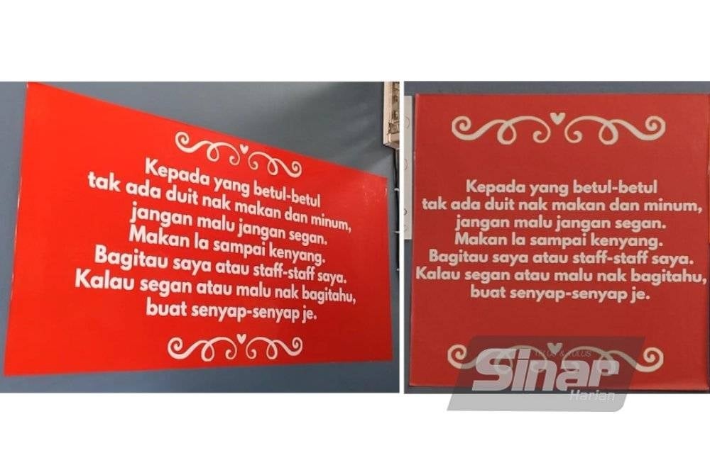 Dua pemberitahuan yang ditampal di restoran D'Tok Ngulu milik Arlimin dan Nor Solihah.