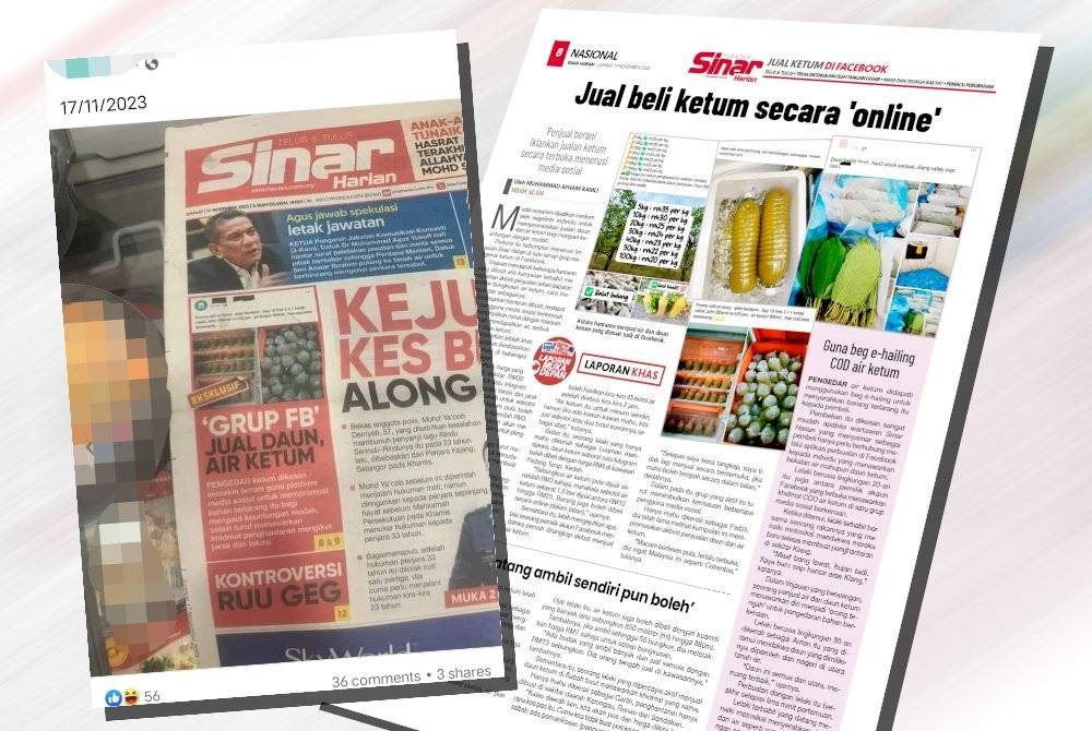 Laporan Sinar Harian berkaitan pembongkaran aktiviti penjualan air dan daun ketum turut dikongsikan dalam halaman berkenaan.