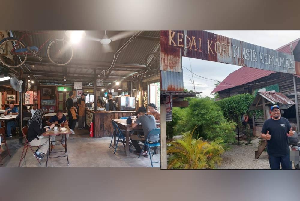 Ruang pelanggan menikmati juadah. Keadaan di luar kedai Kedai Kopi Klasik Kemaman yang kelihatan seperti teratak usang.