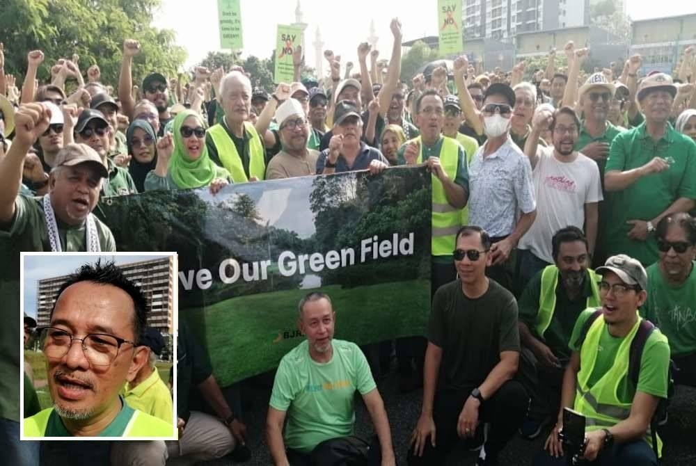 Peserta Bukit Jelutong Bersatu: Mengekalkan Warisan Hijau Kami berhimpun mendesak projek pembangunan atas padang golf dibatalkan. Gambar kecil: Zein