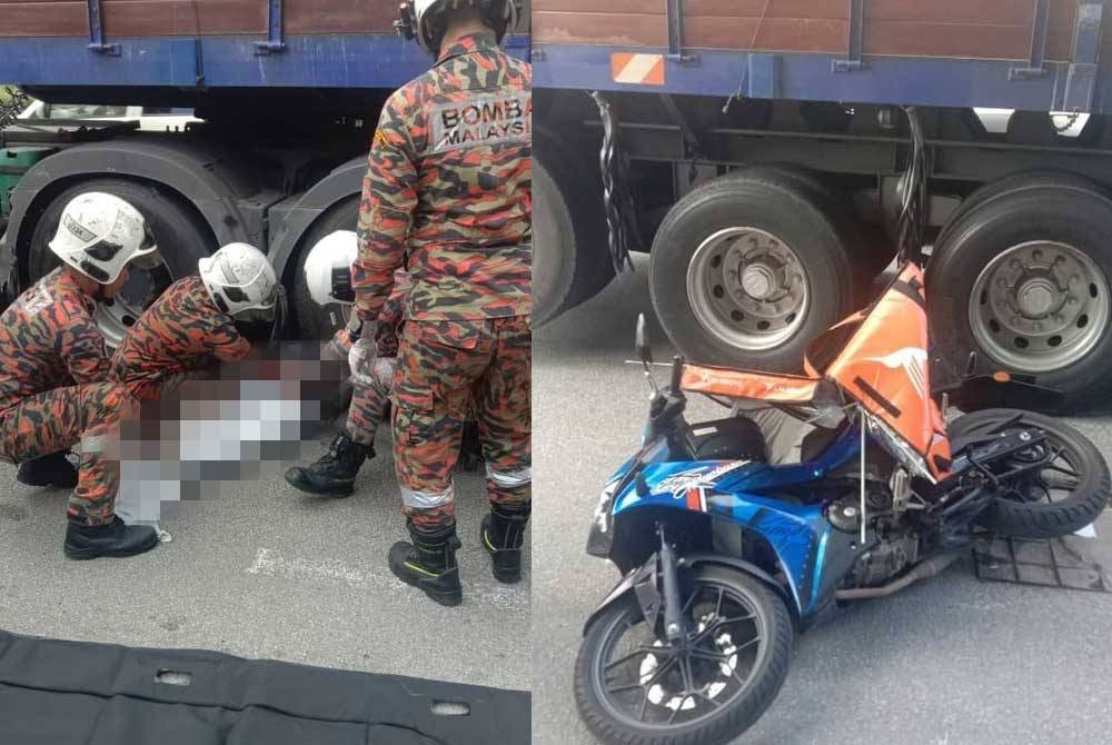 Mangsa disahkan meninggal dunia di lokasi kejadian selepas motosikal ditunggang terlibat kemalangan dengan treler. - Foto ihsan bomba