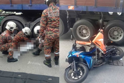 Mangsa disahkan meninggal dunia di lokasi kejadian selepas motosikal ditunggang terlibat kemalangan dengan treler. - Foto ihsan bomba