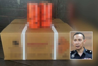 Satu kotak berisi 30 bahan letupan jenis cast booster 400GMS telah berkurangan dipercayai tercicir ketika dalam perjalanan ke kuari di Puchong pada Ahad. Gambar kecil: Ahmad Ridhwan