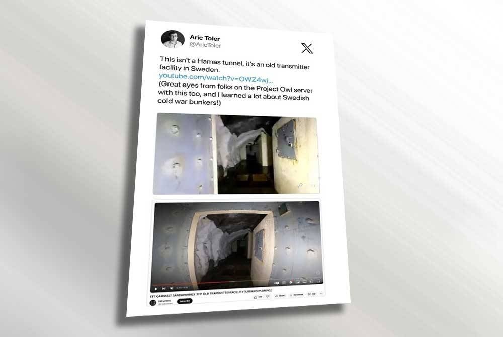 Tangkap layar rakaman video mendakwa terowong Hamas yang sebenarnya terowong zaman perang di Sweden. - Agensi