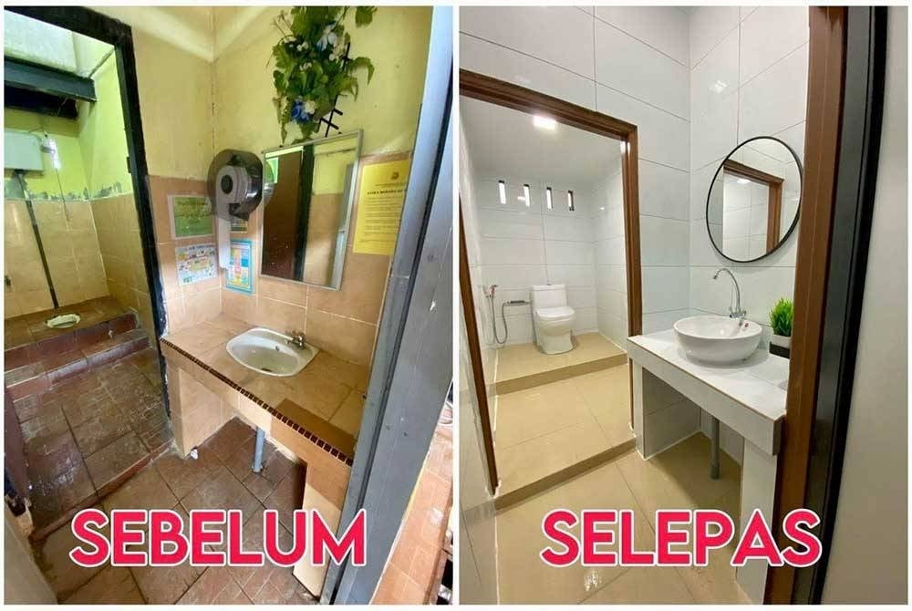 Keadaan sebelum dan selepas kerja-kerja baik pulih tandas dijalankan.