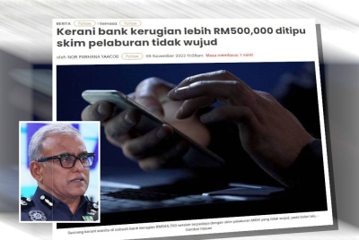 Sebelum ini Sinar Harian melaporkan, seorang kerani wanita di sebuah bank kerugian RM585,700 setelah terpedaya dengan skim pelaburan MIDA yang tidak wujud, pada bulan lalu. Gambar kecil: Ramli