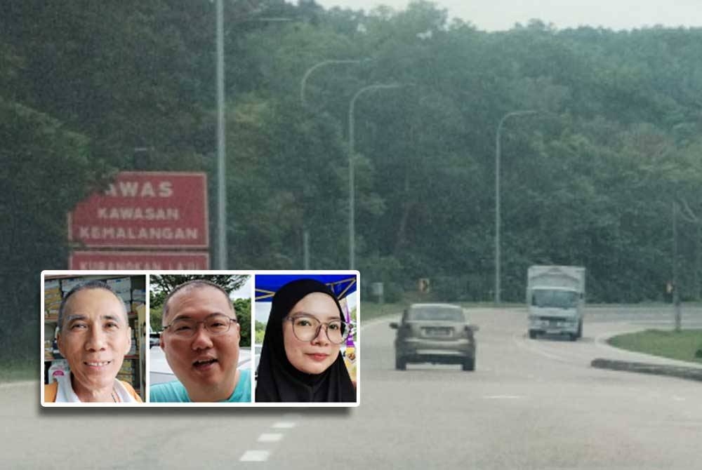 Laluan dari Gelang Patah yang menjadi satu lorong selepas lampu isyarat, kilang SILC adakalanya membuatkan pemandu hilang kawalan. (Gambar kecil: Thein Sin, Cheng Hau, dan Nur Isfara)