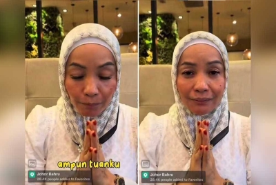 Tangkap layar video 'Makcik Kemboja' yang dipercayai memohon ampun kepada TMJ.