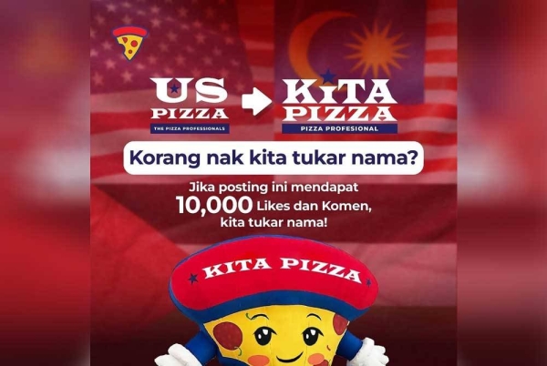 US Pizza umum bakal tukar nama jika hantaran di Facebook dapat 10,000 tanda suka.