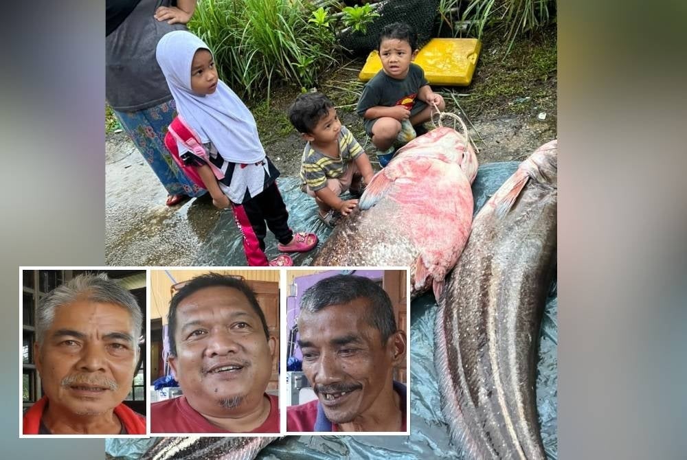Kanak-kanak teruja melihat ikan tapah gergasi yang berjaya ditangkap penduduk Kampung Kuala Belara di Manir pada Isnin lalu. Gambar kecil: Ahmad Zalil, Ariffin, Abdullah