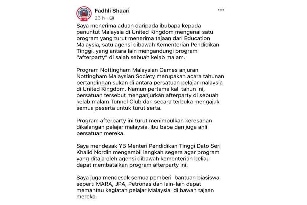 Tangkap layar hantaran Ahmad Fadhli di Facebook pada Rabu.
