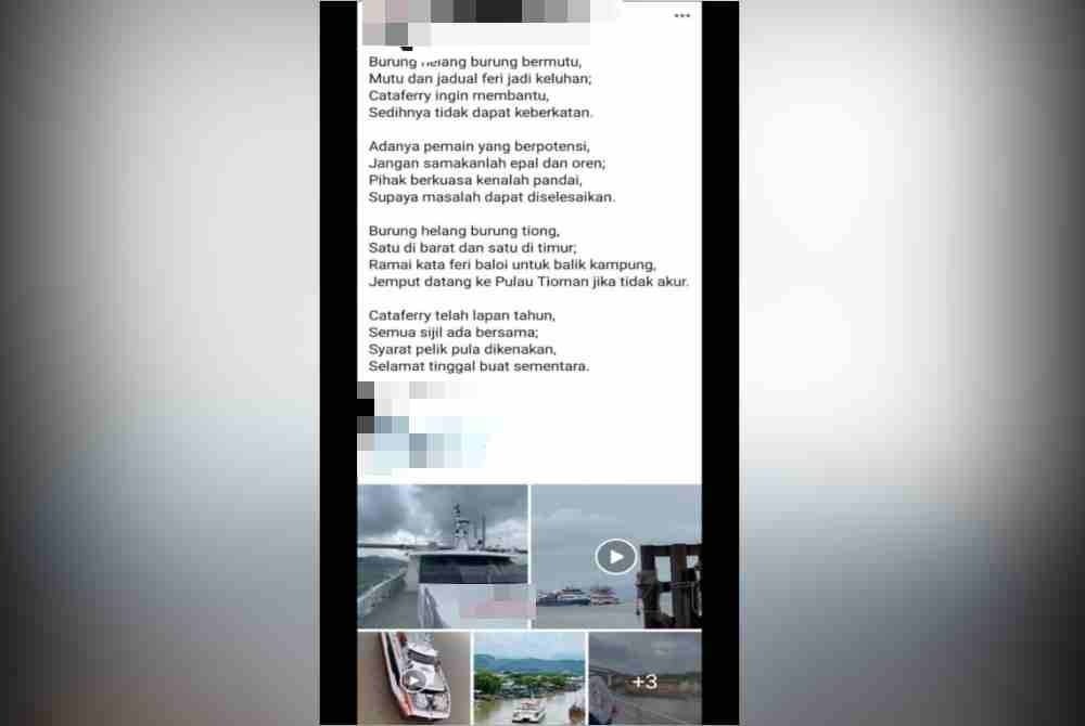 Tangkap layar tular kenyataan sebuah syarikat feri yang tidak dapat memberi perkhidmatan feri ke Pulau Langkawi pada Khamis.