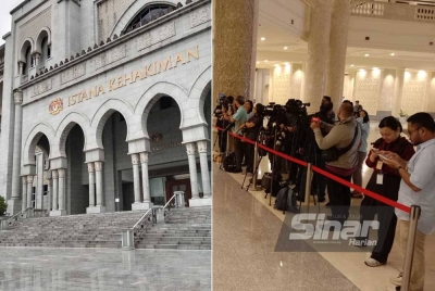 Gambar kiri: Suasana lengang sekitar pekarangan Istana Kehakiman. (Gambar kanan) Petugas media menanti perkembangan berkaitan rayuan berhubung isu sekolah vernakular serta penggunaan bahasa Mandarin dan Tamil pada Khamis.