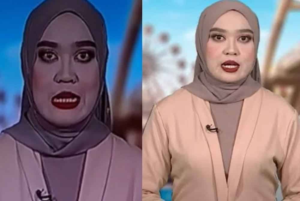 Video tular yang disunting (kiri) dan video asal ketika Amalina membacakan berita.