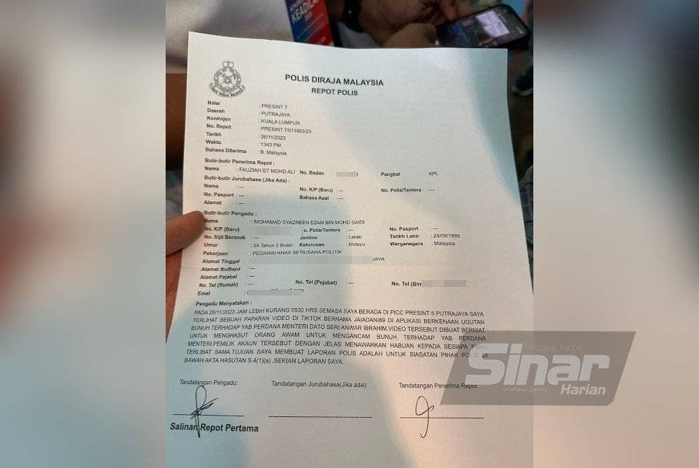 Laporan polis yang dibuat oleh wakil AMK di Ibu Pejabat Polis Daerah (IPD) Putrajaya pada Ahad.