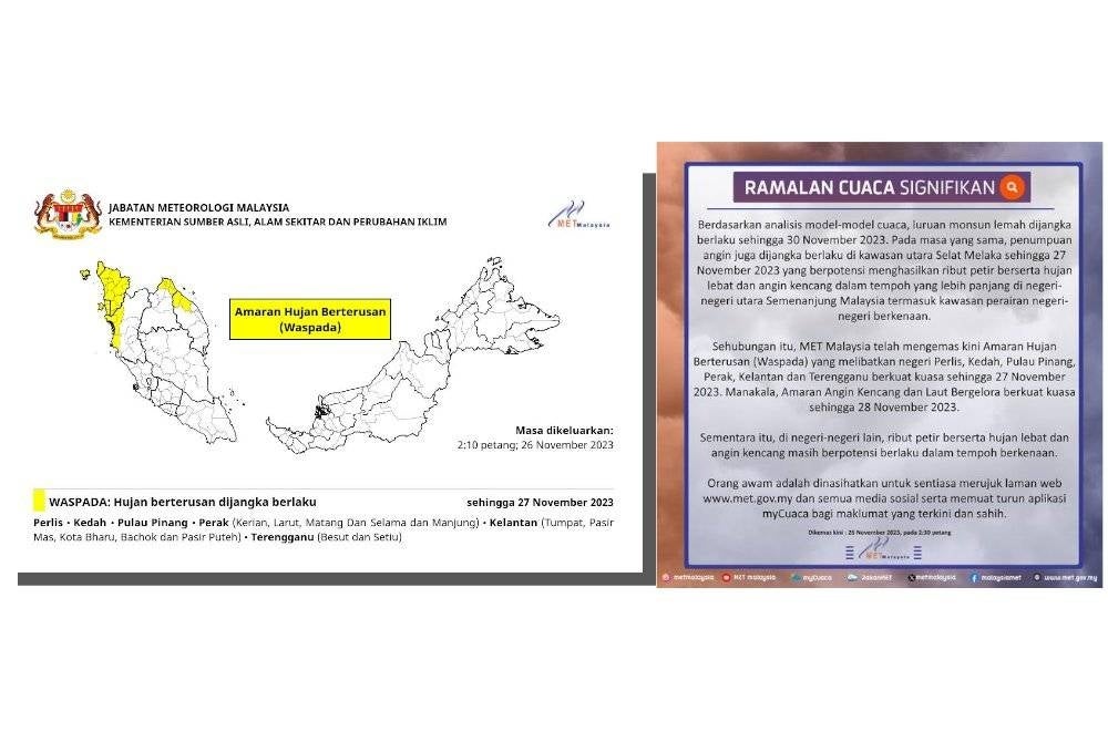 Amaran hujan berterusan tahap waspada di enam negeri iaitu Perlis, Kedah, Pulau Pinang, Perak, Kelantan dan Terengganu hingga 27 November.