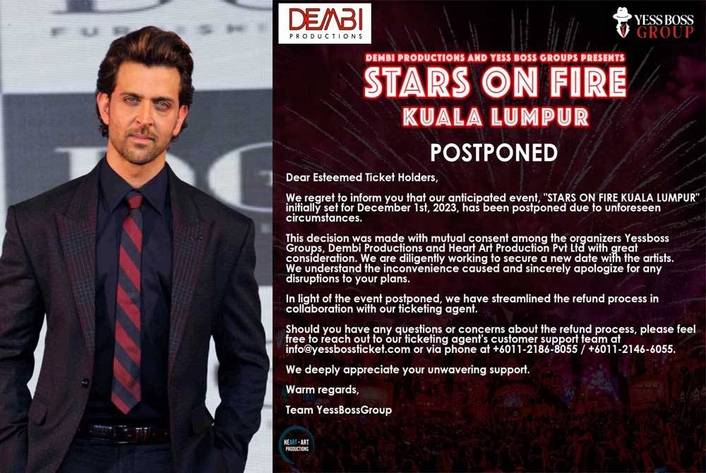Konsert Bollywood, Stars On Fire yang dijadual berlangsung di Stadium Nasional Bukit Jalil pada 1 Disember ini ditangguhkan atas sebab yang tidak dapat dielakkan. Hrithik Roshan (kiri).