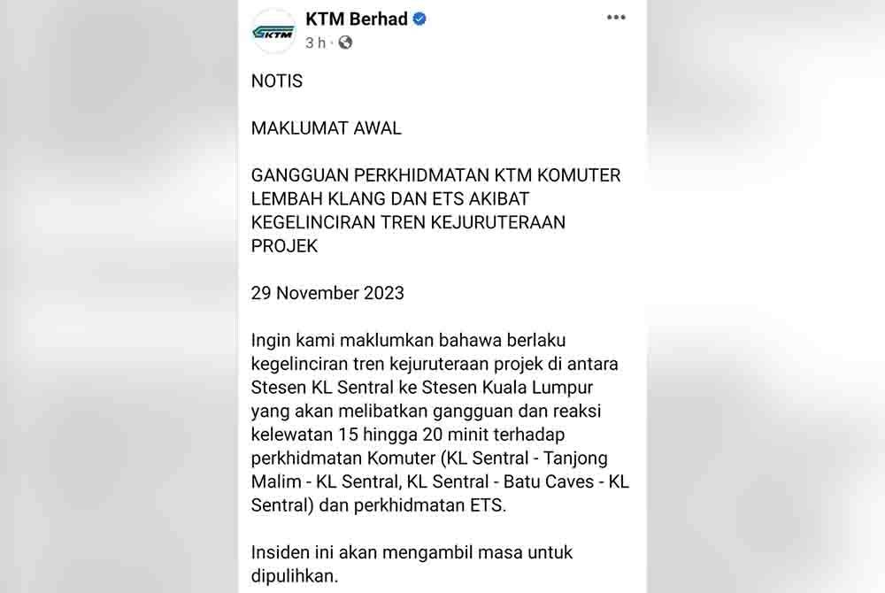 Notis makluman kepada pengguna komuter Lembah Klang, ETS pada jajaran terlibat.