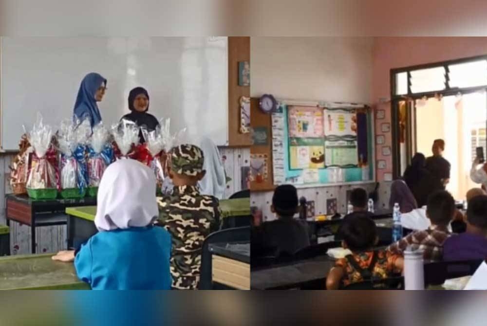 Pika sedang memberikan ucapan serta menceritakan mengenai kerjaya ayahnya di hadapan kelas.