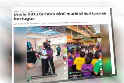 Tular video di media sosial memaparkan murid sekolah berkenaan bersalam dan memeluk sambil memberikan hadiah kepada 'pak guard' dikenali sebagai Uncle Kittu.