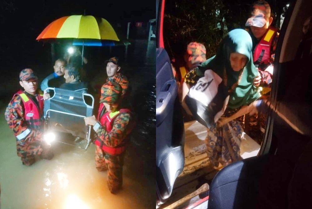 Bermula malam tadi, anggota bomba dari BBP Rantau Panjang sudah memindahkan penduduk yang terkesan dengan banjir. - Foto: JBPM (Gambar kanan: Warga emas antara yang diutamakan untuk berpindah lebih awal.)