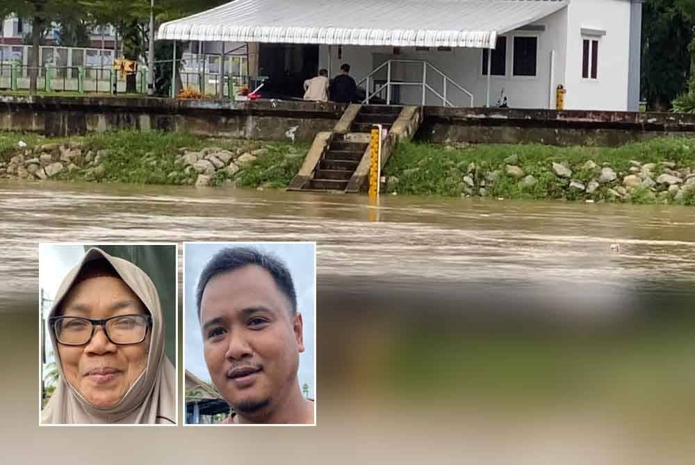 Tinjauan Sinar Harian mendapati paras air Sungai Golok sudah melepasi amaran dan berada pada tahap bahaya iaitu 10.20 meter berbanding normal lima meter setakat jam 4.15 petang. Gambar kecil dari kiri: Aminah, Mohd Sham