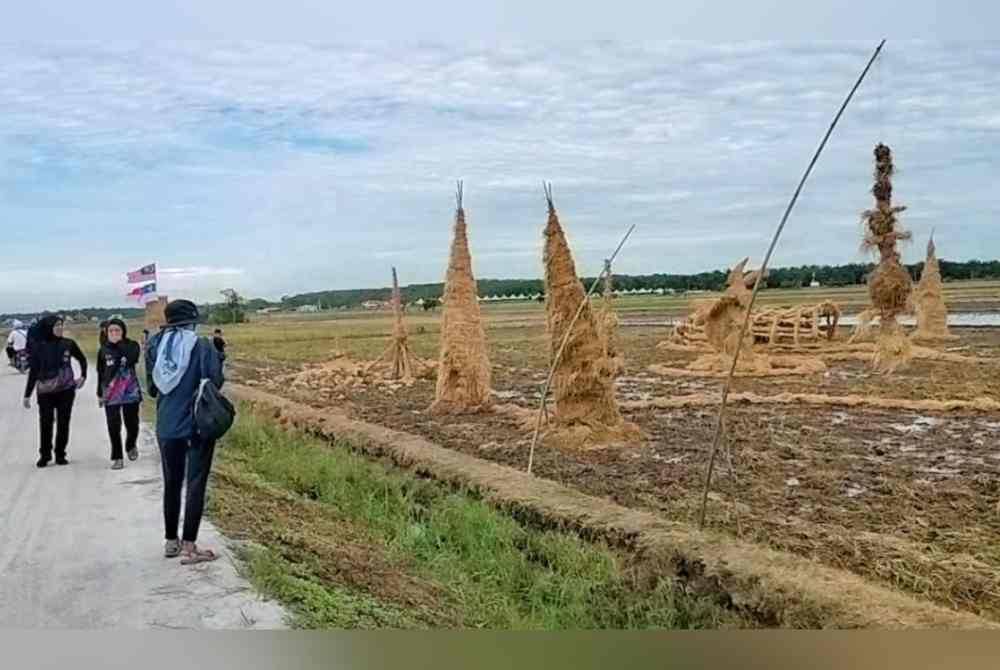 Orang ramai tertarik dengan arca yang dibina menggunakan jerami padi.