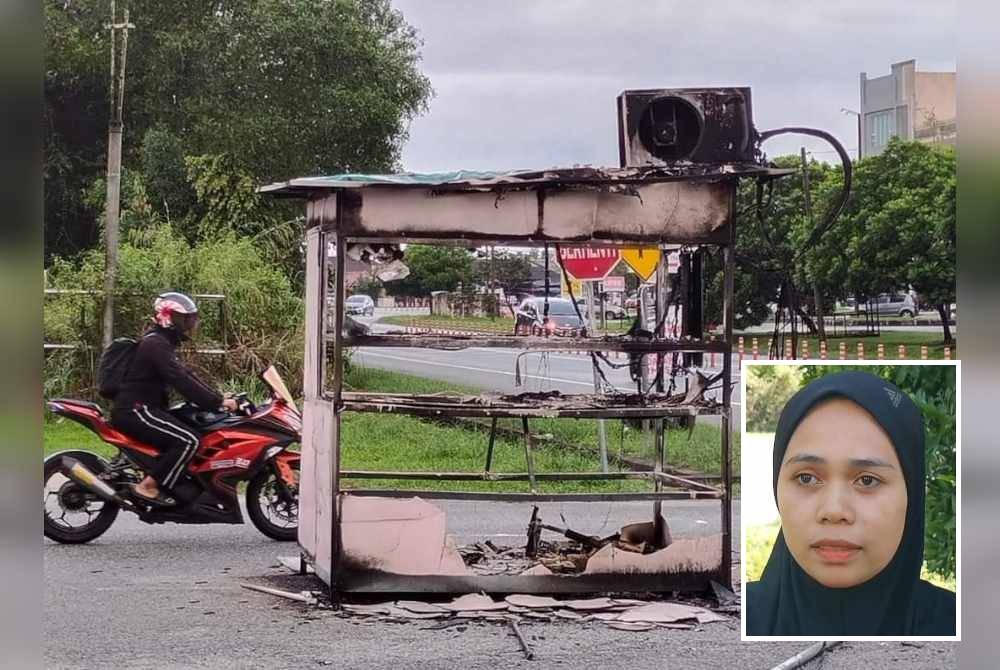 Sebuah pondok bayaran parkir berdekatan Dataran Rimba Square yang disedari dibakar pada Selasa. (Gambar kecil: Norshafina)