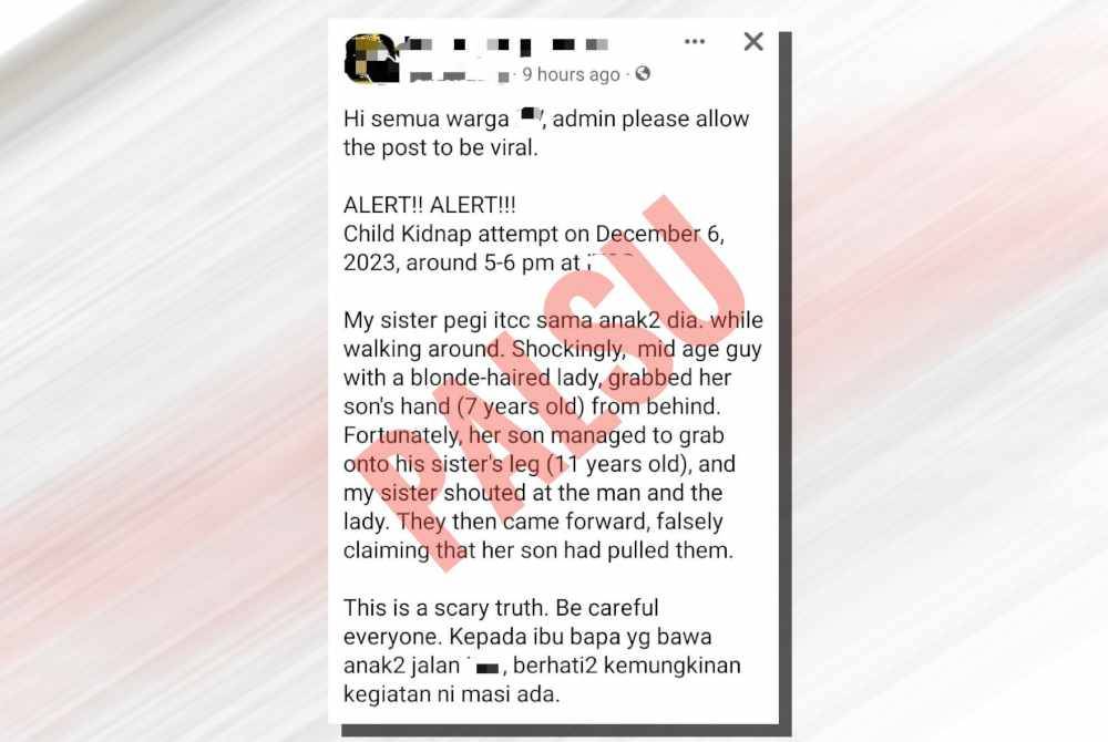 Hantaran yang tular di Facebook mendakwa berlaku kejadian cubaan culik di salah sebuah pasar raya di Penampang.