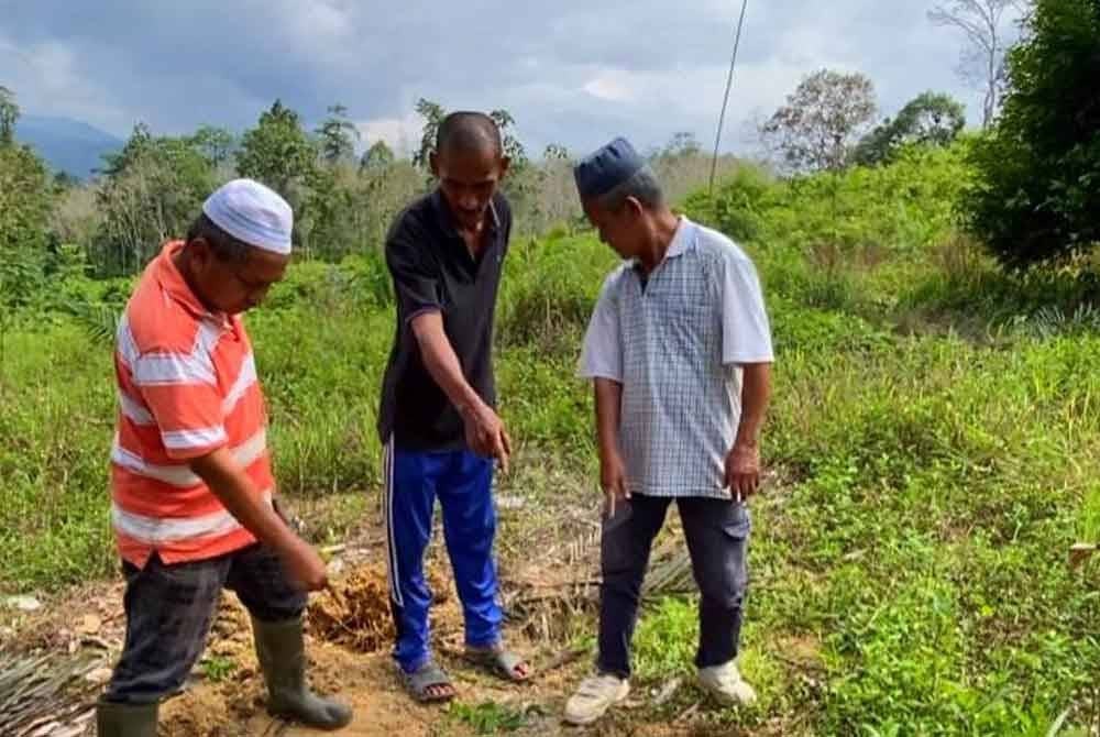 Penduduk menunjukkan bekas tapak kaki gajah yang ditemui di kebun kelapa sawit di Kampung Gertak Kangkong, Mengkebang, Kuala Krai pada Isnin.
