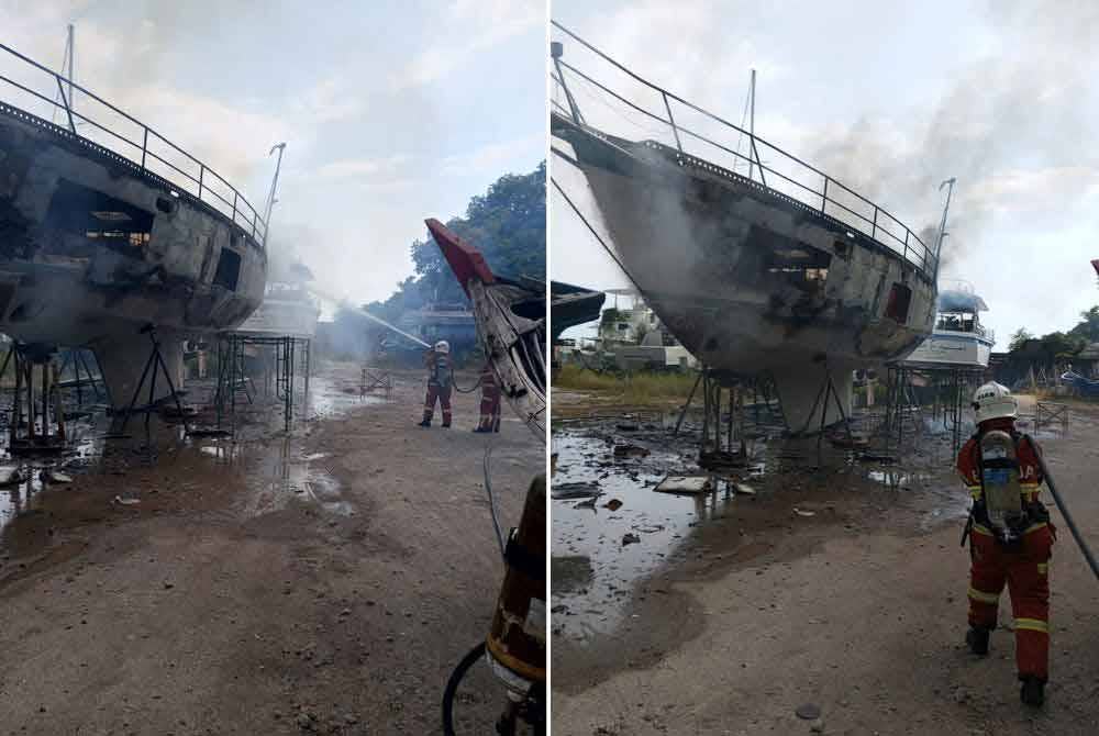 Anggota bomba sedang giat memadamkan kebakaran kapal persiaran yang terbakar ketika sedang dibaiki. Gambar kanan: Kapal persiaran tersebut musnah hampir 70 peratus akibat kebakaran di Limbongan Batu Maung, Bayan Lepas.