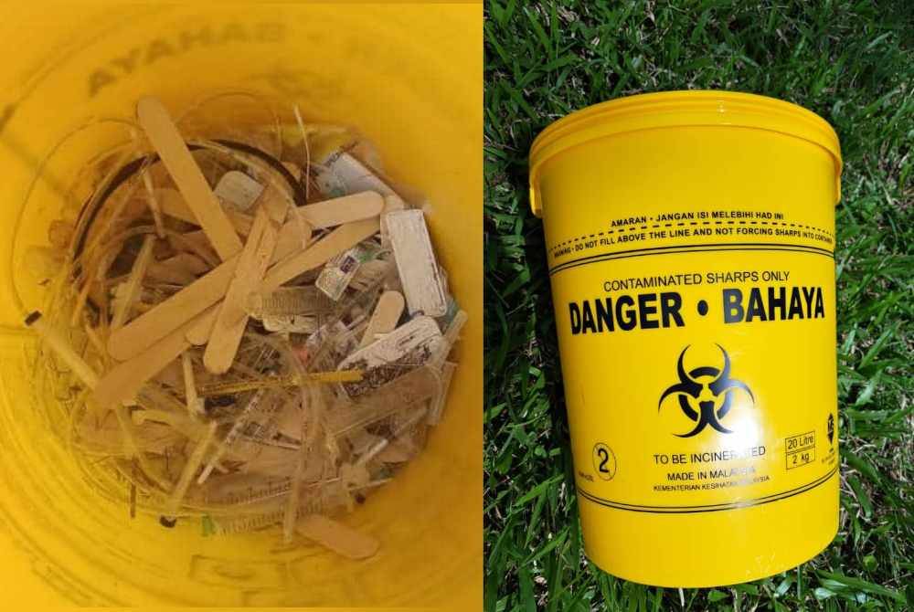 Tong sisa klinikal yang turut ditemui dekat Kilometer 92.9 Lebuhraya Utara Selatan arah Gurun ke Sungai Petani.