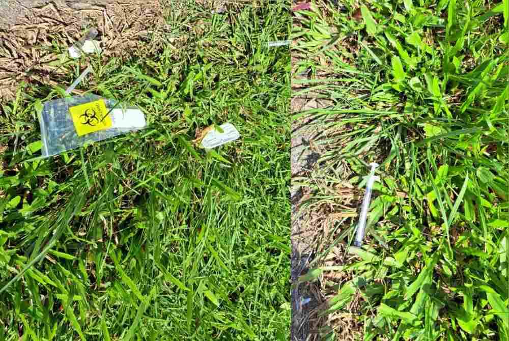 Antara kandungan yang ditemui termasuk picagari, jarum-jarum terpakai dan kit ujian terpakai.