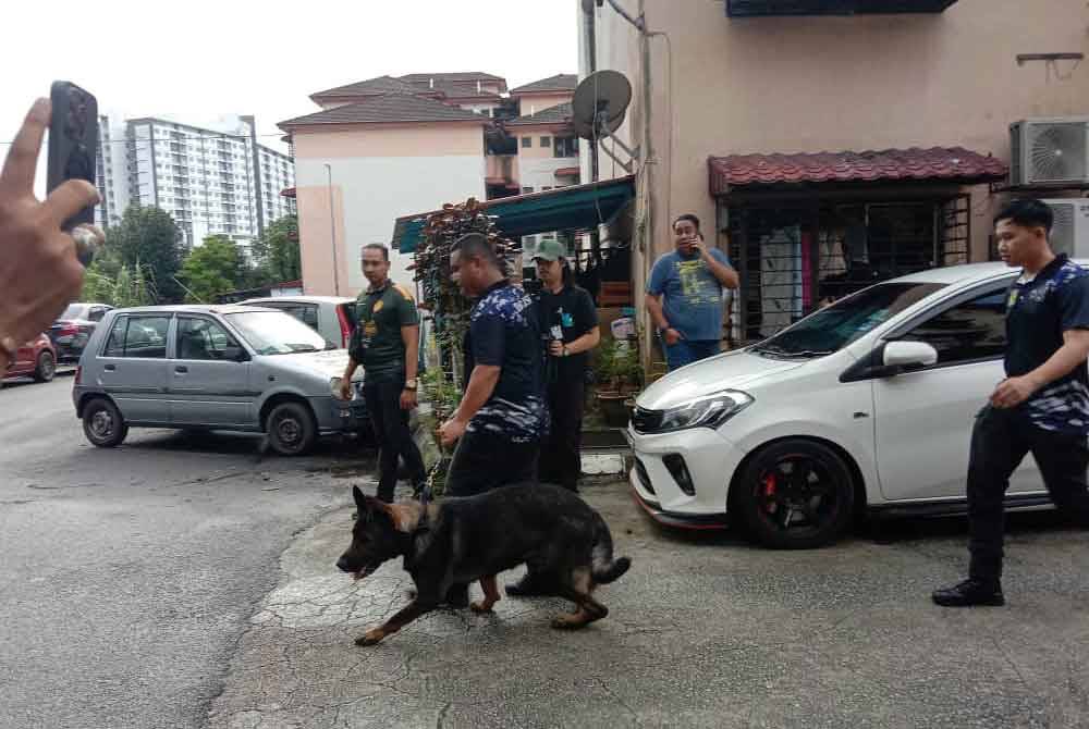 Anjing daripada Unit K9 sekali lagi dibawa dipercayai untuk pemeriksaan sekitar kawasan blok kediaman mangsa di Apartment Idaman, Damansara Damai dekat sini pada Selasa.