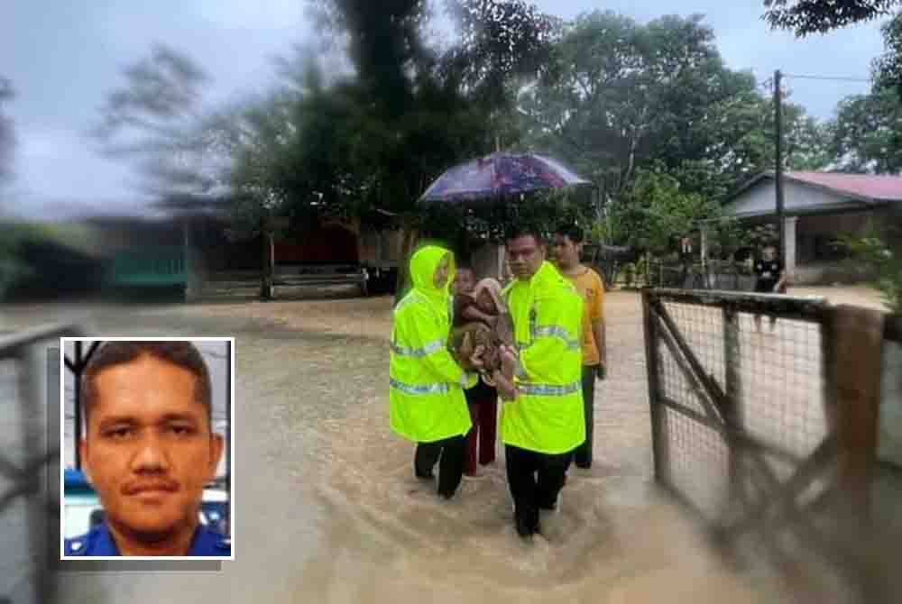 Anggota PDRM membantu memindahkan mangsa banjir di Kampung Dusun Rendah, Sungai Durian, Kuala Krai. - Foto: PDRM, Gambar kecil: Abd Fatah
